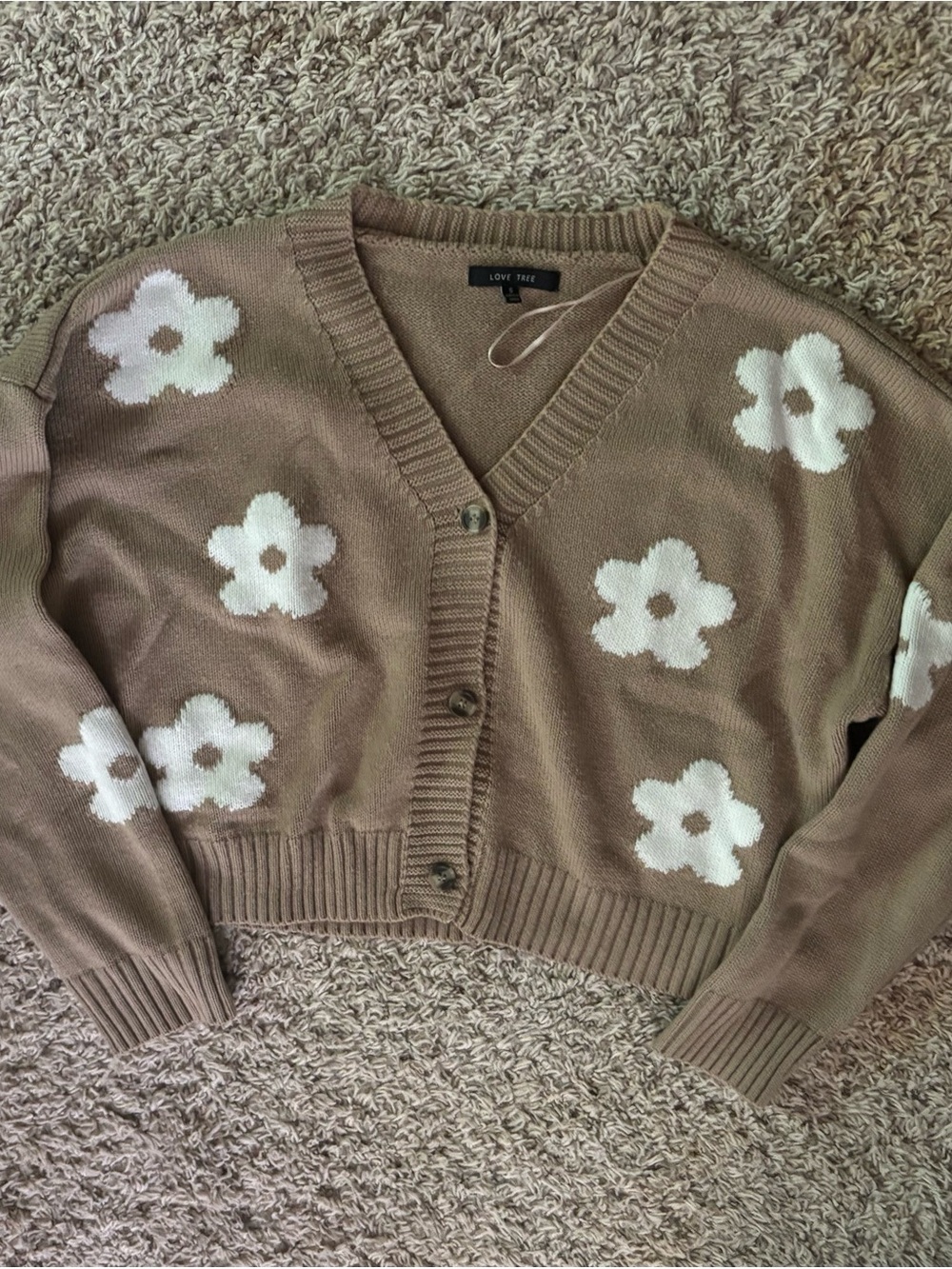 Love Tree Taupe Floral V-Neck Button Cardigan